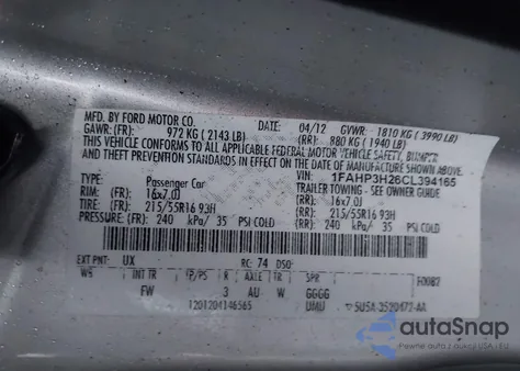 2012 Ford Focus Sel z USA, uszkodzony, nr VIN 1FAHP3H26CL394165